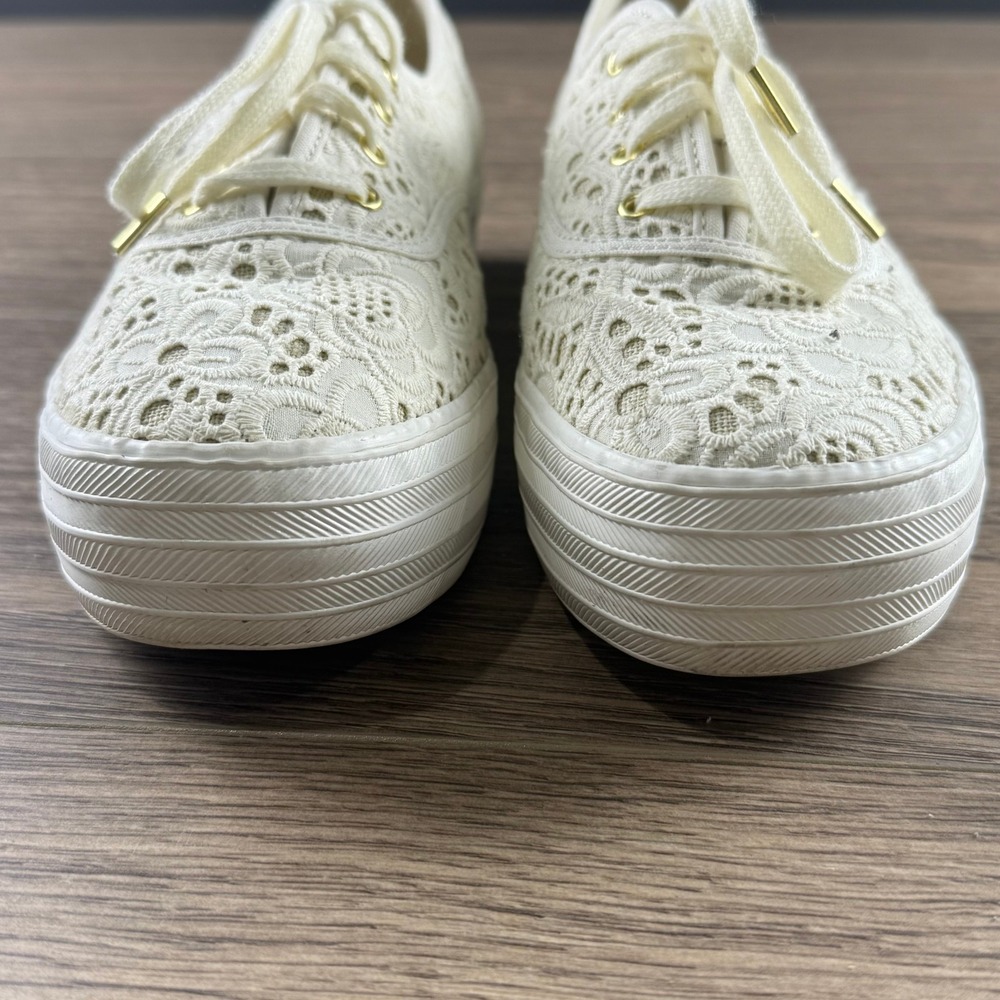 Keds Triple Lace Up Sneakers Cream Crochet Eyelet Floral Platform Low Top Shoes - Picture 13 of 16
